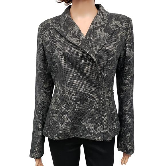 H&M Floral Fitted Blazer Jacket Flare Bell Sleeve Snap Closure Lined Black 8 - Picture 3 of 13